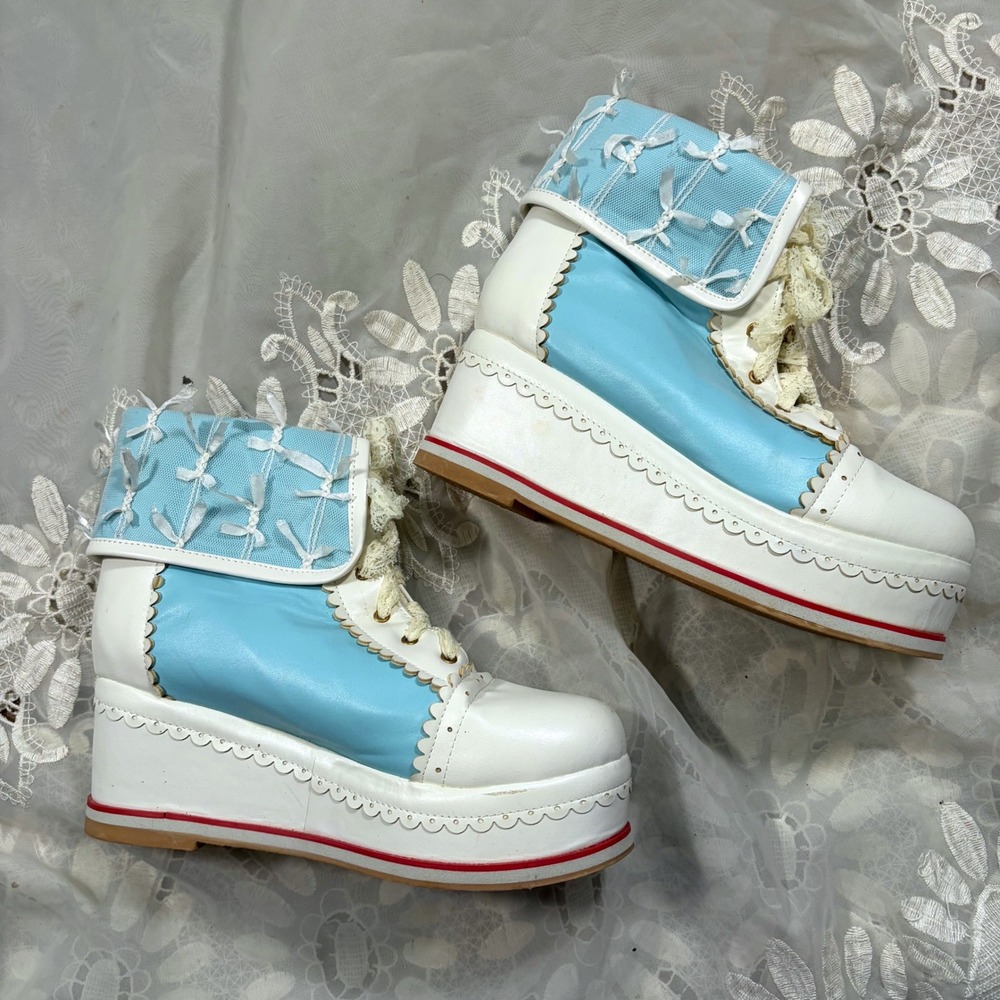 Kawaii Lolita Pastel Blue White Scalloped Platform Wedge Boots Women Size 10